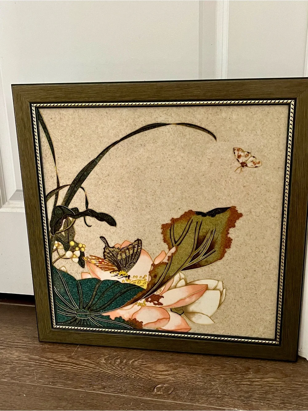 Vintage Ceramic Tile Art Arrangement Of Botanical And Butterfly Motif 18/19 Inch